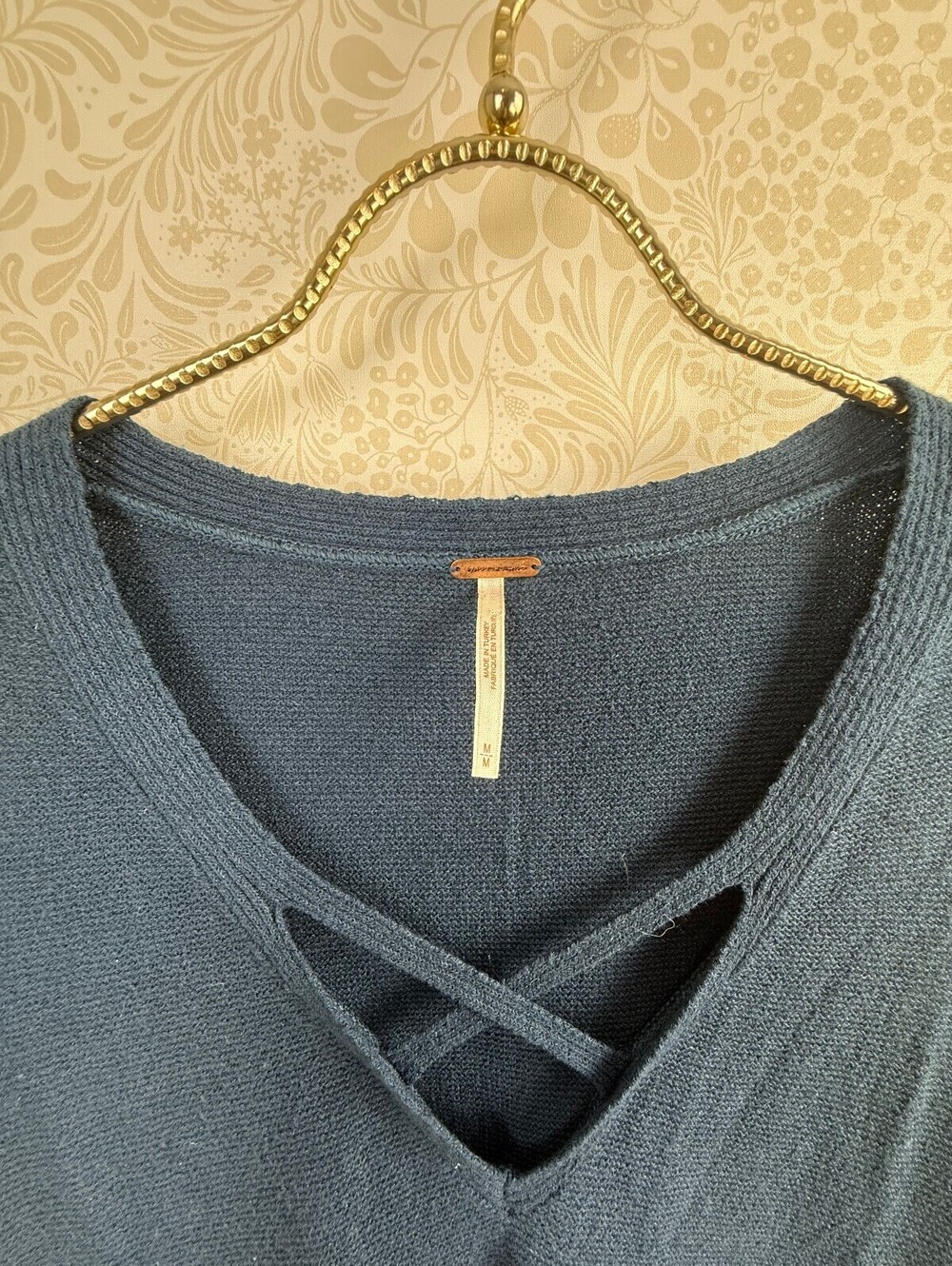 Free People Dark Navy Crisscross V-Neck Tunic Sweater - Size - Medium - Picture 6 of 7